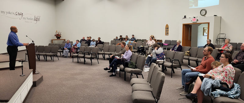 The congregation gathered for worship in the auditorium